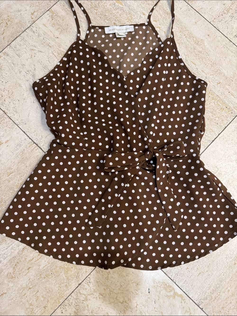 Monteau Brown Polka Dot Tie-Waist Cami